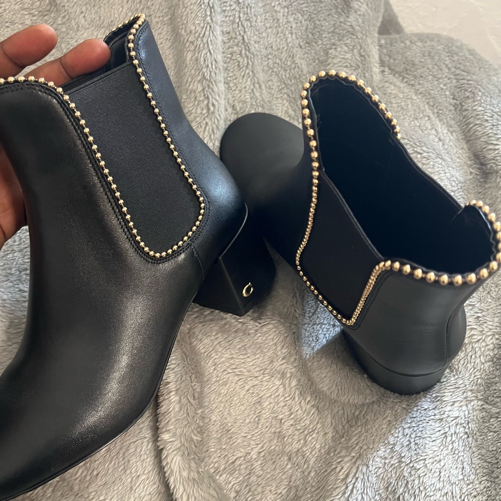 Coach TORRI BOOTIES Black Ankle Boots with Gold Trim - Picture 6 of 7